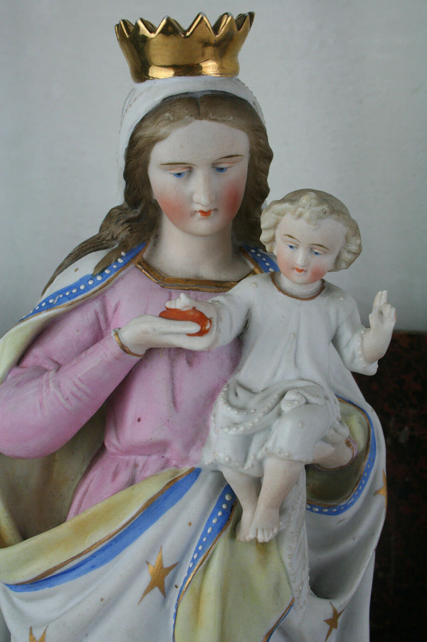 Large French porcelain bisque polychrome madonna child statue religious