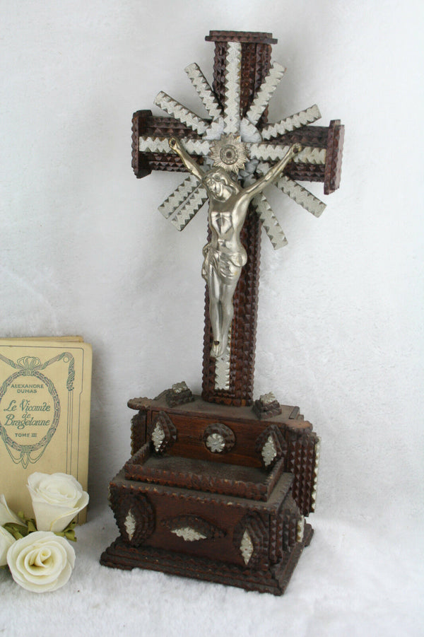 Flemish Tramp art handmade wood cigar box carved crucifix cross christ religious