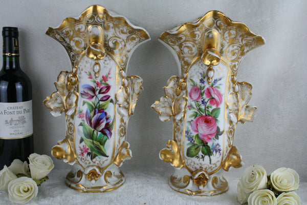 PAIR 19th c Vieux paris porcelain hand paint floral decor Vases Cornet