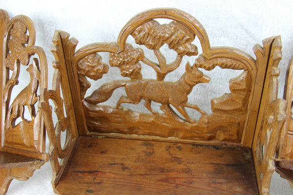 Set of 3 black forest wood carved wall shelf console hunting dog deer 1960