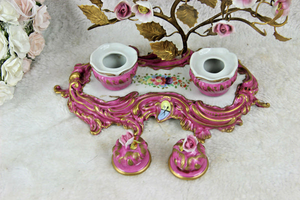 French pink inkwell majolica flowers sevres porcelain marked 1950s