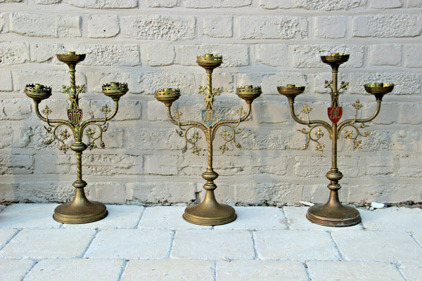 Antique French Religious set 3 Altar 3 arm Candelabras Candle holder Brass