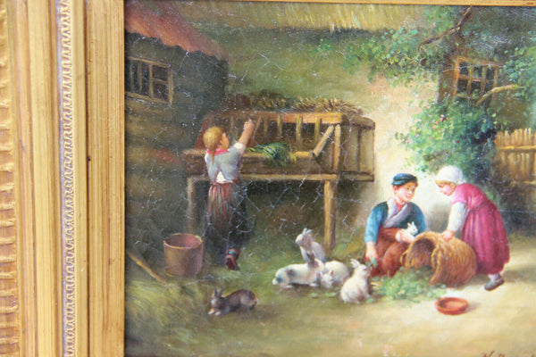 Antique oil panel painting farm scene feeding rabbits kids signed
