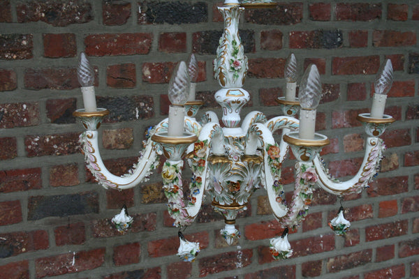A capodimonte marked porcelain 1950 majolica Flowers Chandelier 6 arms