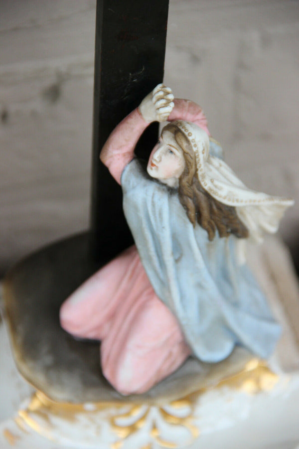 Antique 19thc french vieux paris porcelain Holy water font crucifix magdalena