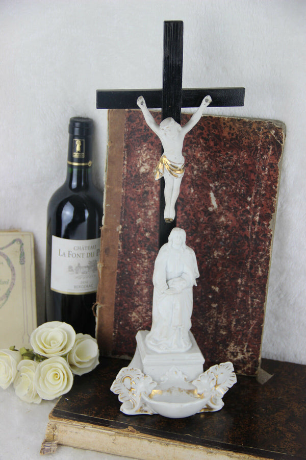 Antique German bisque porcelain Christ crucifix holy water font religious