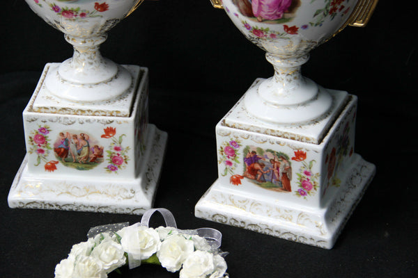 PAIR European marked porcelain Lidded Vases victorian scene floral