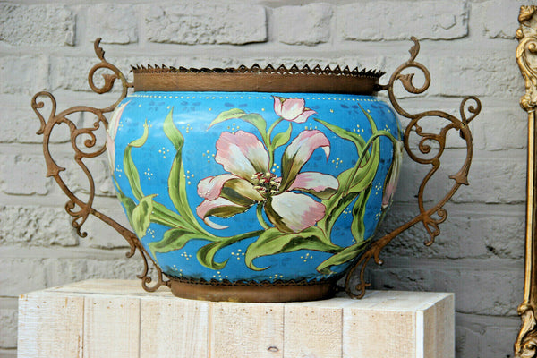 HUGE Antique Art nouveau ceramic barbotine enamel Planter jardiniere Floral