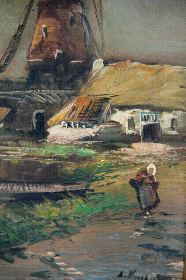 Gorgeous Antique Flemish oil panel painting Landscape mill waterfront signed