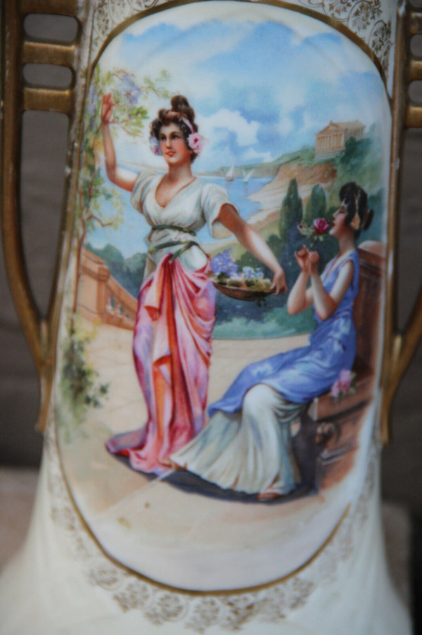 Antique PAIR Austrian marked porcelain vases lady romantic portraits 1910s