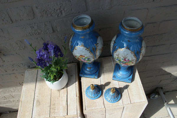Antique PAIR French vieux paris pastel blue hand paint floral decor Vases