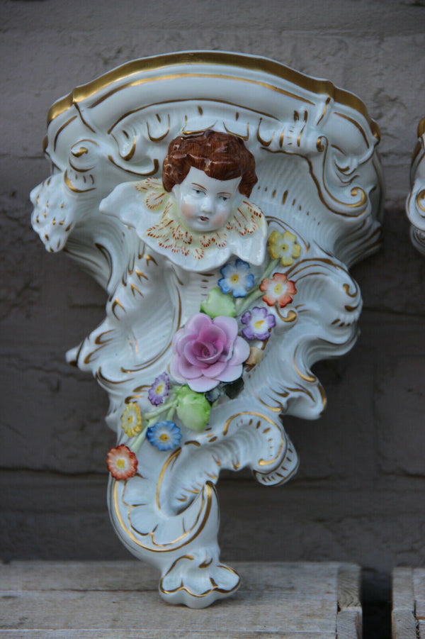 PAIR Plaue schierholz german porcelain putti angel porcelain Wall console floral