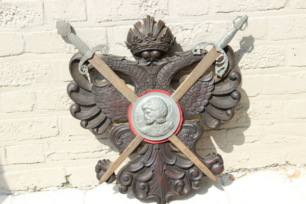 Vintage French Medieval castle Shield armor knight wood patina double eagle 1970
