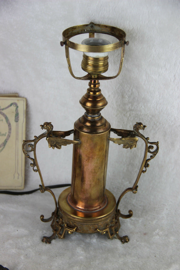 Stunning French antique copper Gothic dragon TAble desk lamp Acorn shade 1950