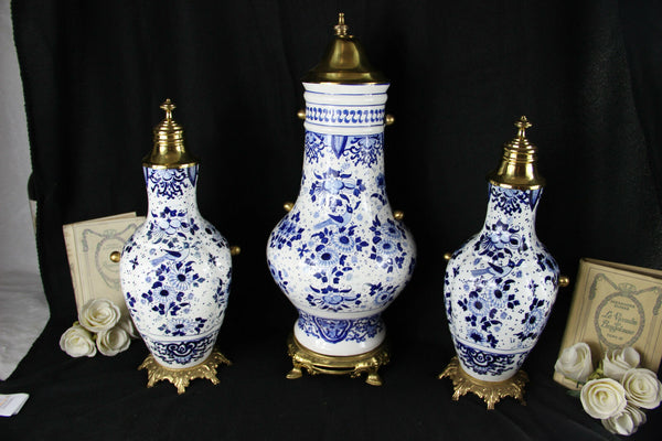 Holland Delft blue white pottery birds floral Vases Urns Mantel set 1950's