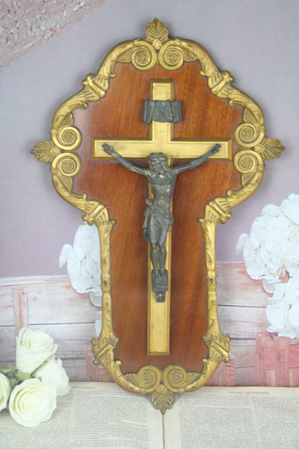 French antique crucifix brass metal wood copper wall plaque napoleon II religiou