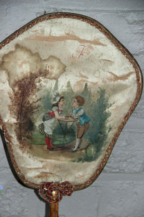 PAIR antique 19thc victorian Hand fireplace fan Silk romantic boy girl