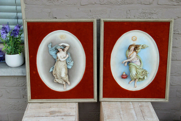 PAIR italian capodimonte relief porcelain wall plaques lady medaillon rare 1970