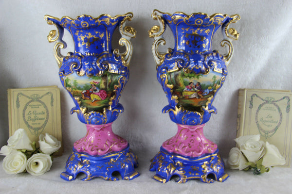 PAIR large VIEUX PARIS romantic decor hand paint floral Vases Satyr heads