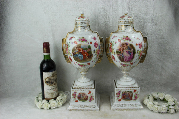 PAIR European marked porcelain Lidded Vases victorian scene floral