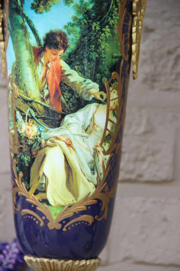 XL pair French limoges porcelain romantic scene caryatid heads Vases