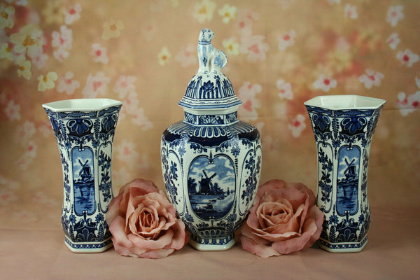 Set of 3  DELFT Blue Vases ROYAL SPHINX by BOCH Belgium porcelain marked dog