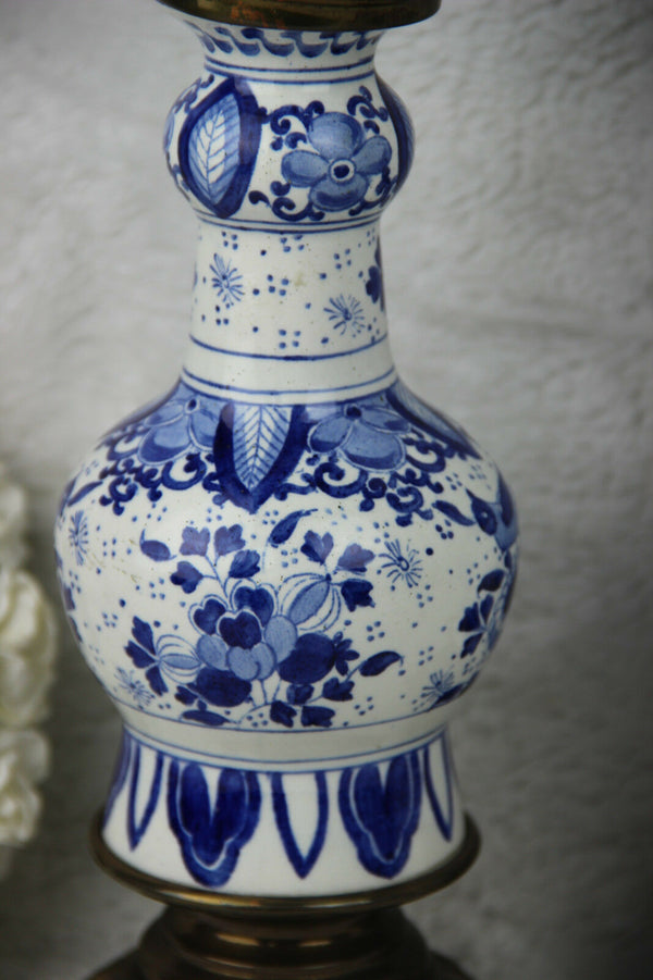 PAIR antique BOCH Pottery Delft blue white birds floral decor Vase candle holder