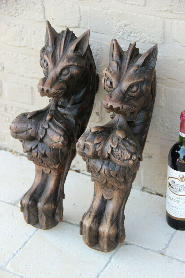 XXL Antique  PAIR oak wood carved hunting table dragon gothic legs figurines n2