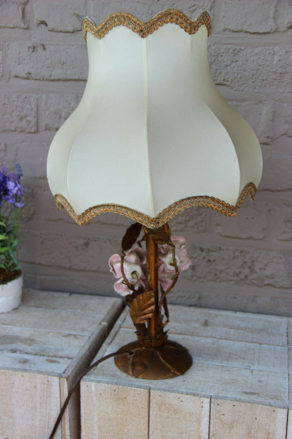 French metal gold gilt pink porcelain flower table lamp 1960