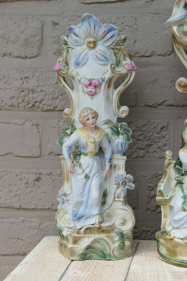 Vintage German porcelain bisque romantic  figurines Clock set Vases