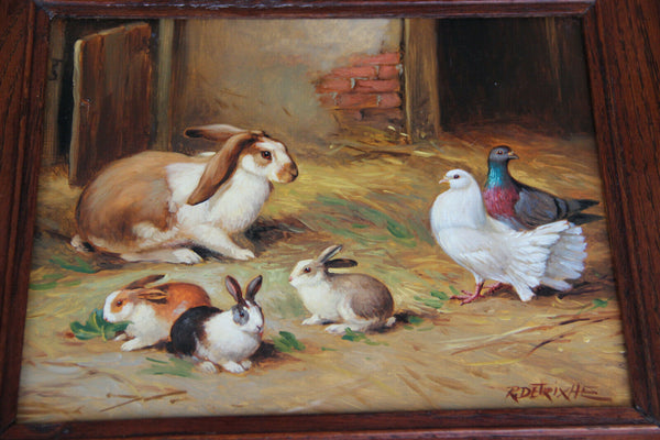 Set 3 Antique French oil panel animal farm chicken goat rabbit  painting signed