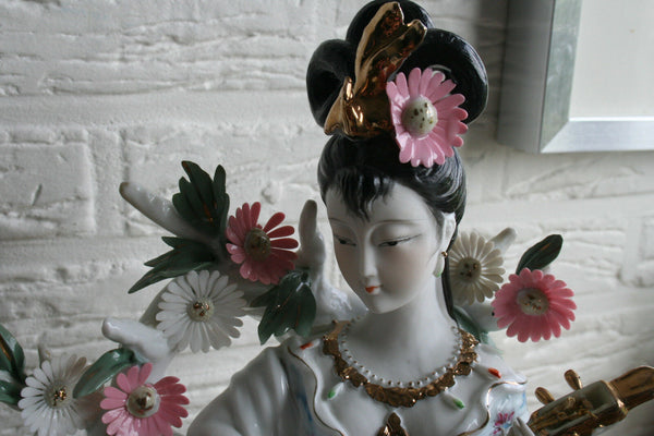 PAIR Japanese geisha porcelain figurines statue floral music playing