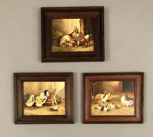 Set 3 Antique French oil panel animal farm chicken goat rabbit  painting signed