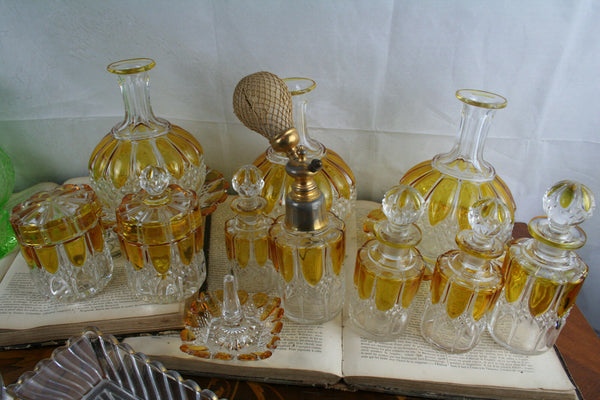 Antique Belgian Val saint lambert amber vanity set dresser + green + clear 1906