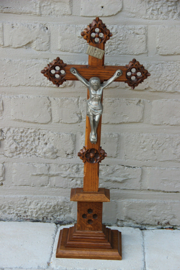 Antique French wood carved neo gothic Crucifix religious altar piece christ