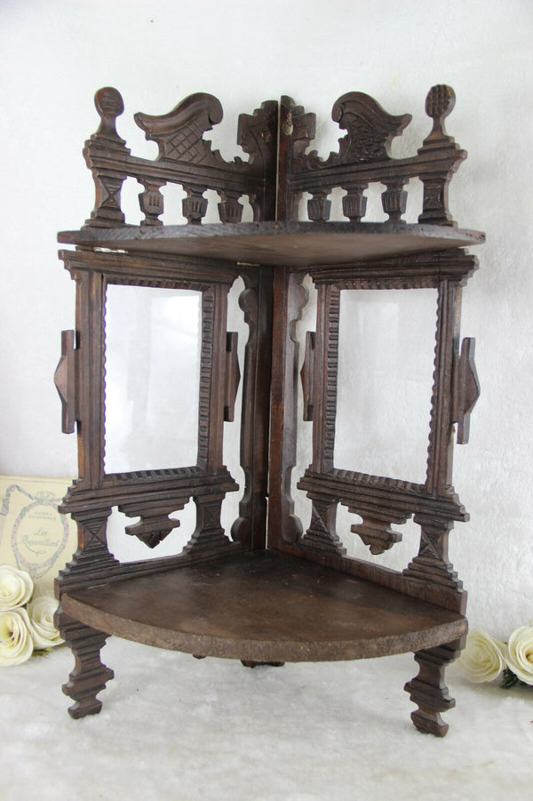 Rare German black forest style wood carved Rack console w photo frame 2 level