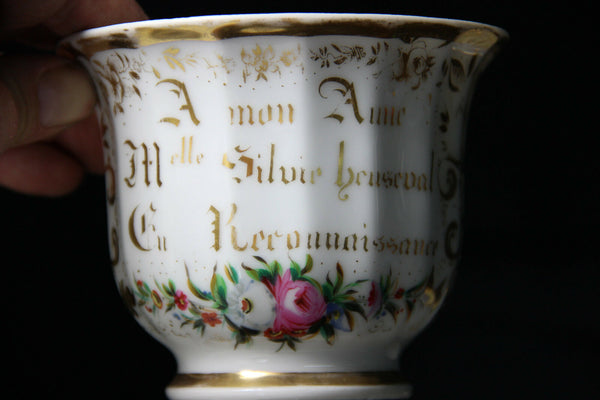 antique vieux paris porcelain tea coffee cup plate with text