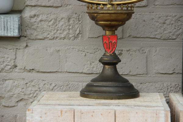 Antique French Religious copper altar candelabra candle holder stones