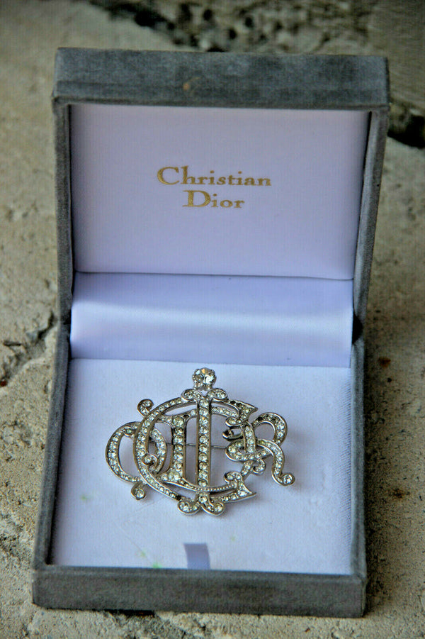 Christian Dior Silver Toned Insigna  Brooch Vintage jewelry in box