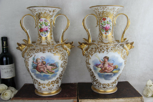 PAIR antique 1900 Vieux paris porcelain Putti angels scene floral dolphin Vases