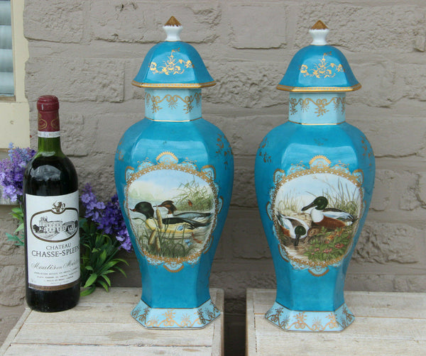 Rare Pair French Limoges signed vases duck animal water scene turquoise blue