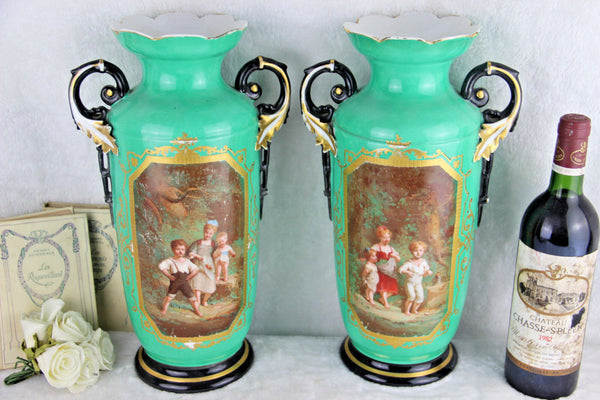 XL pair French antique vieux paris porcelain Vases romantic victorian