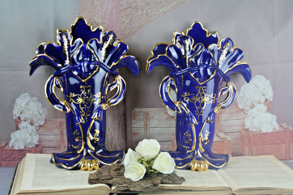 PAIR Porcelain Blue Cornet Vases French 1950