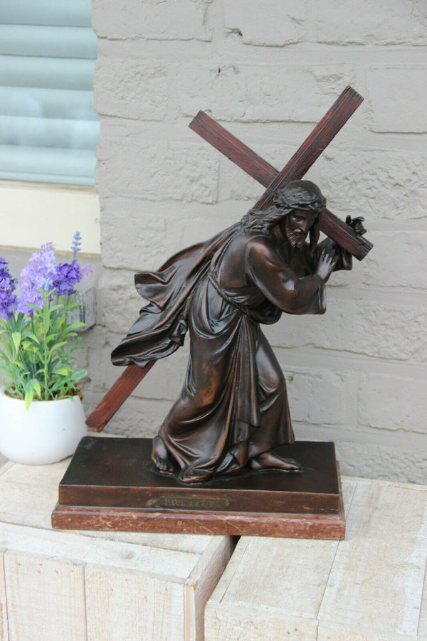 Antique French spelter bronze marble base Jesus christ cross statue marked