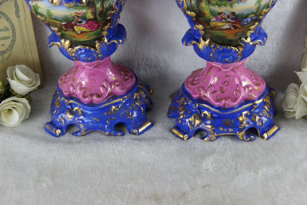 PAIR large VIEUX PARIS romantic decor hand paint floral Vases Satyr heads