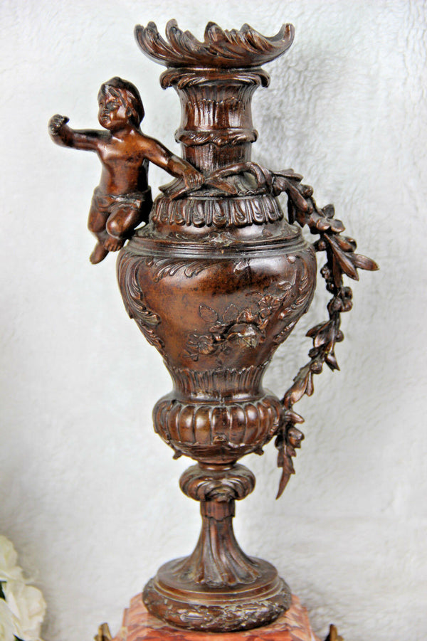 PAIR Spelter bronze marble Putti cherub urns vases french antique