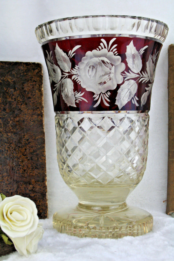 XL  Bohemian  Czech Red Crystal Glass Floral etched Vase rare model 60's