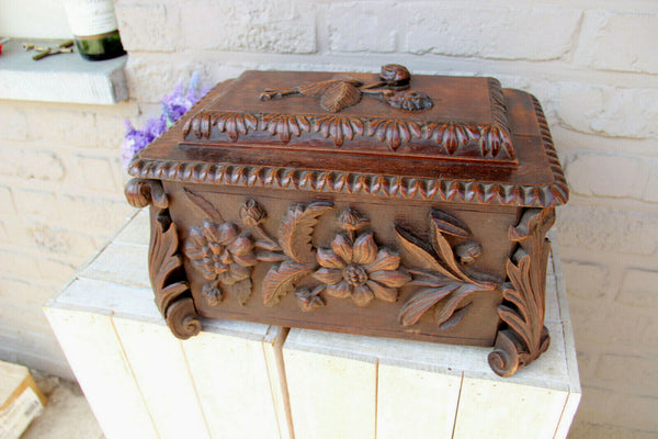 XL antique german Black forest wood carved floral Box