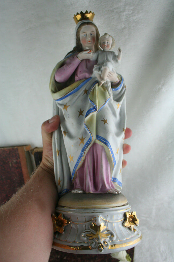 Large French porcelain bisque polychrome madonna child statue religious