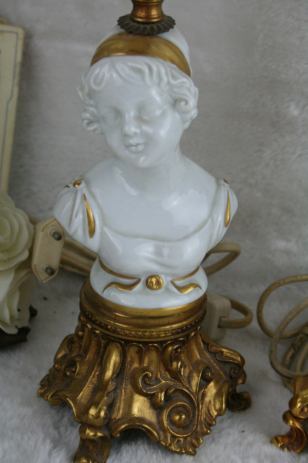 PAIR Italian capodimonte Tyche tosca porcelain buste boy girl lamp marked shade